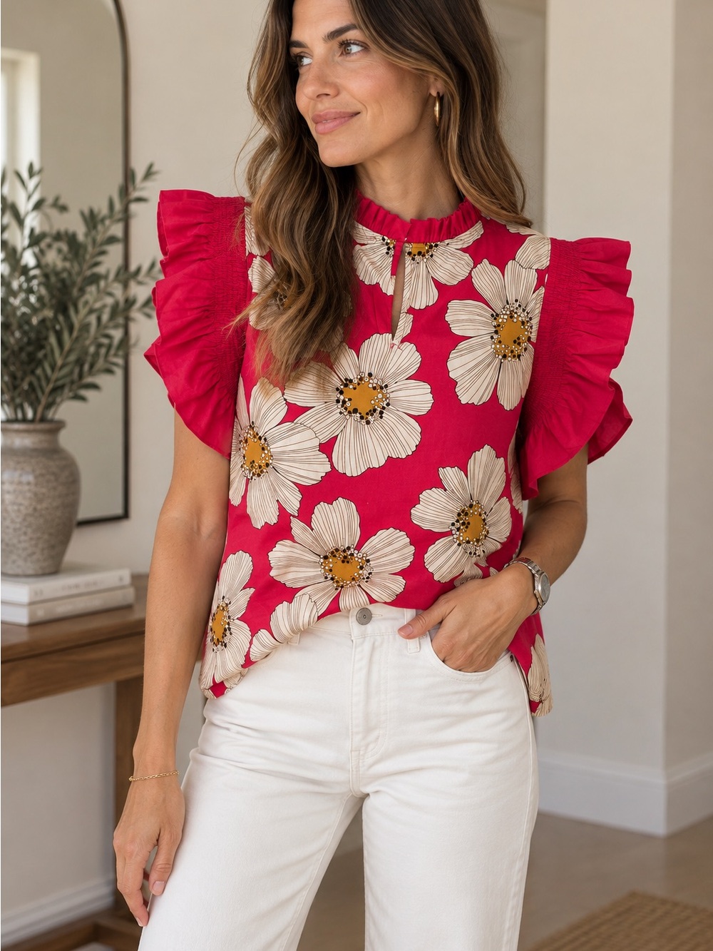 JODIFL Floral Ruffle Sleeve Blouse Fuchsia Pink Size Small